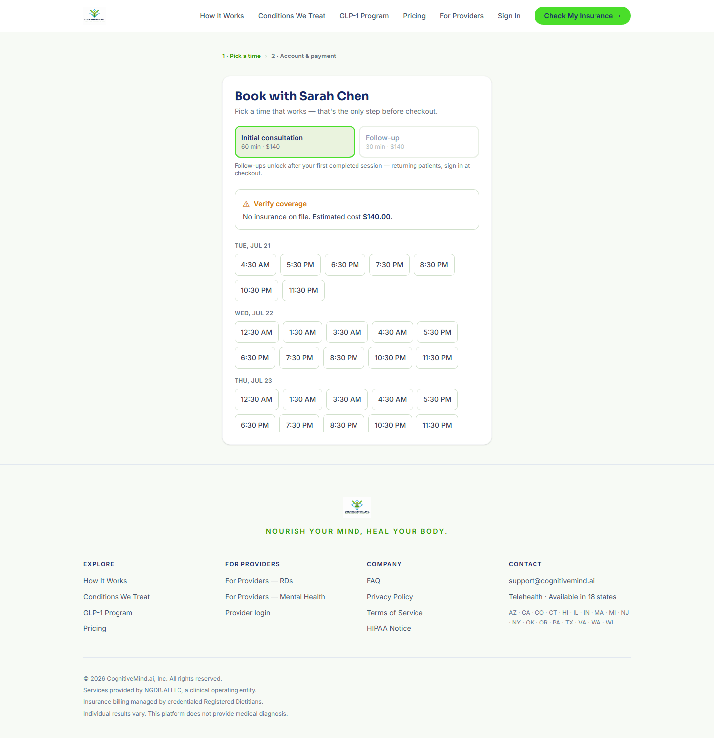 CognitiveMind.ai booking wizard showing real dietitian availability