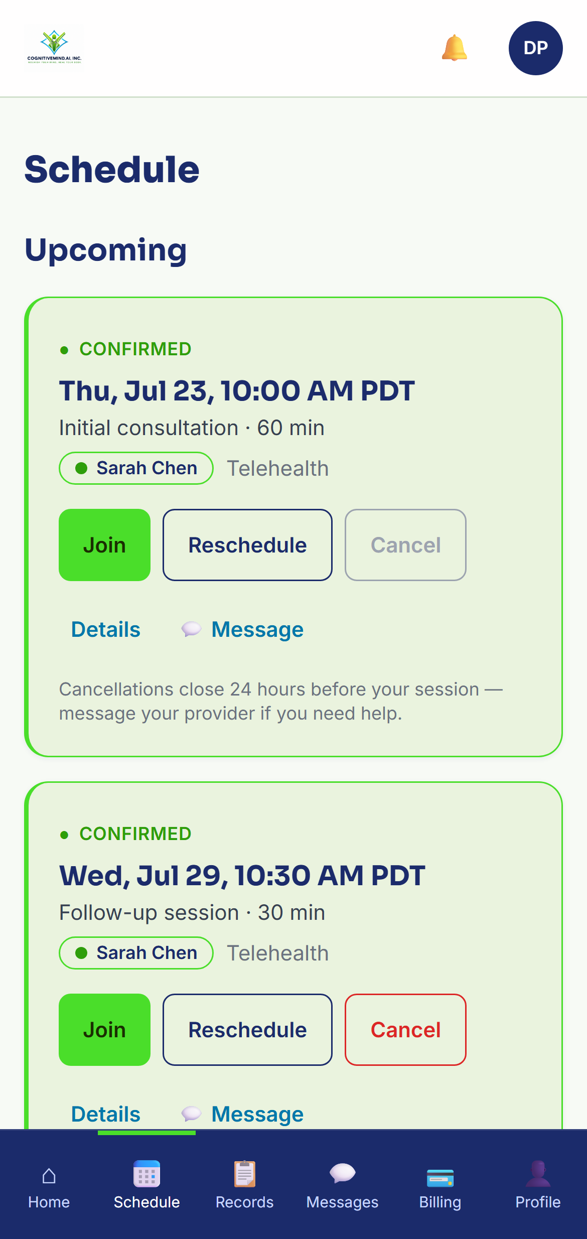Patient schedule with a confirmed telehealth session and Join button